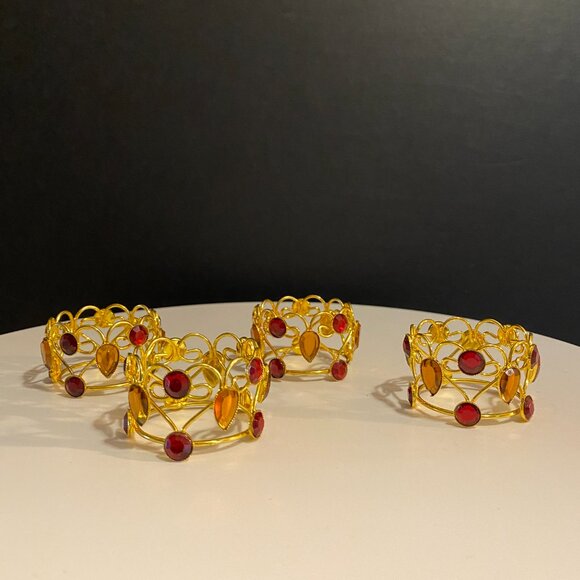 Jeweled Gold Holiday Napkin Rings Set of 4 – Red & Amber Gem Accents - Picture 6 of 10